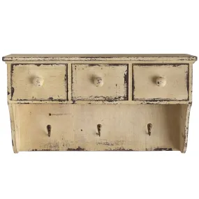 10.5” Distressed Wooden Shelf with Drawers and Hooks