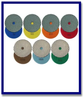 (7 Piece Set) 5" SDA Premium Dry Grinding Diamond V'cro Pads. Grits Included Are #50, 100, 200, 400, 800, 1500 & 3000