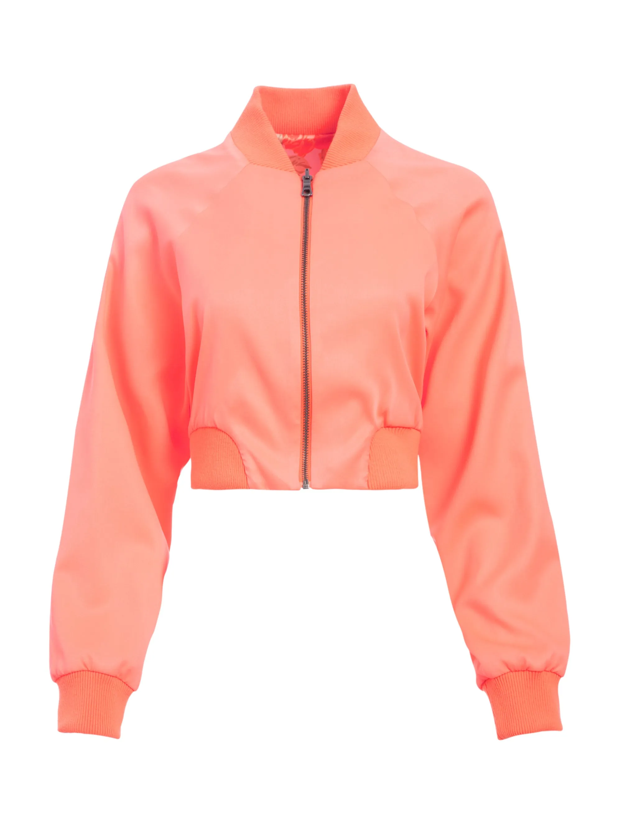 ALICE   OLIVIA - Duke Raglan Sleeve Crop Reversible Bomber in Neon Peach and Posy Garden Orchid