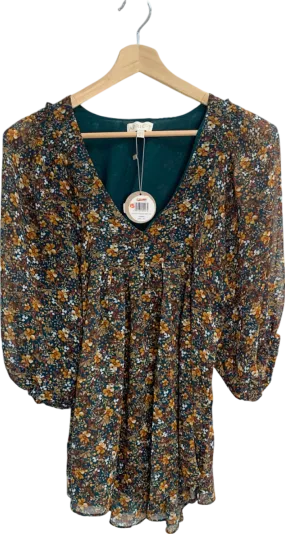 Apricot Green Floral Volume Sleeve Chiffon Tunic UK XS