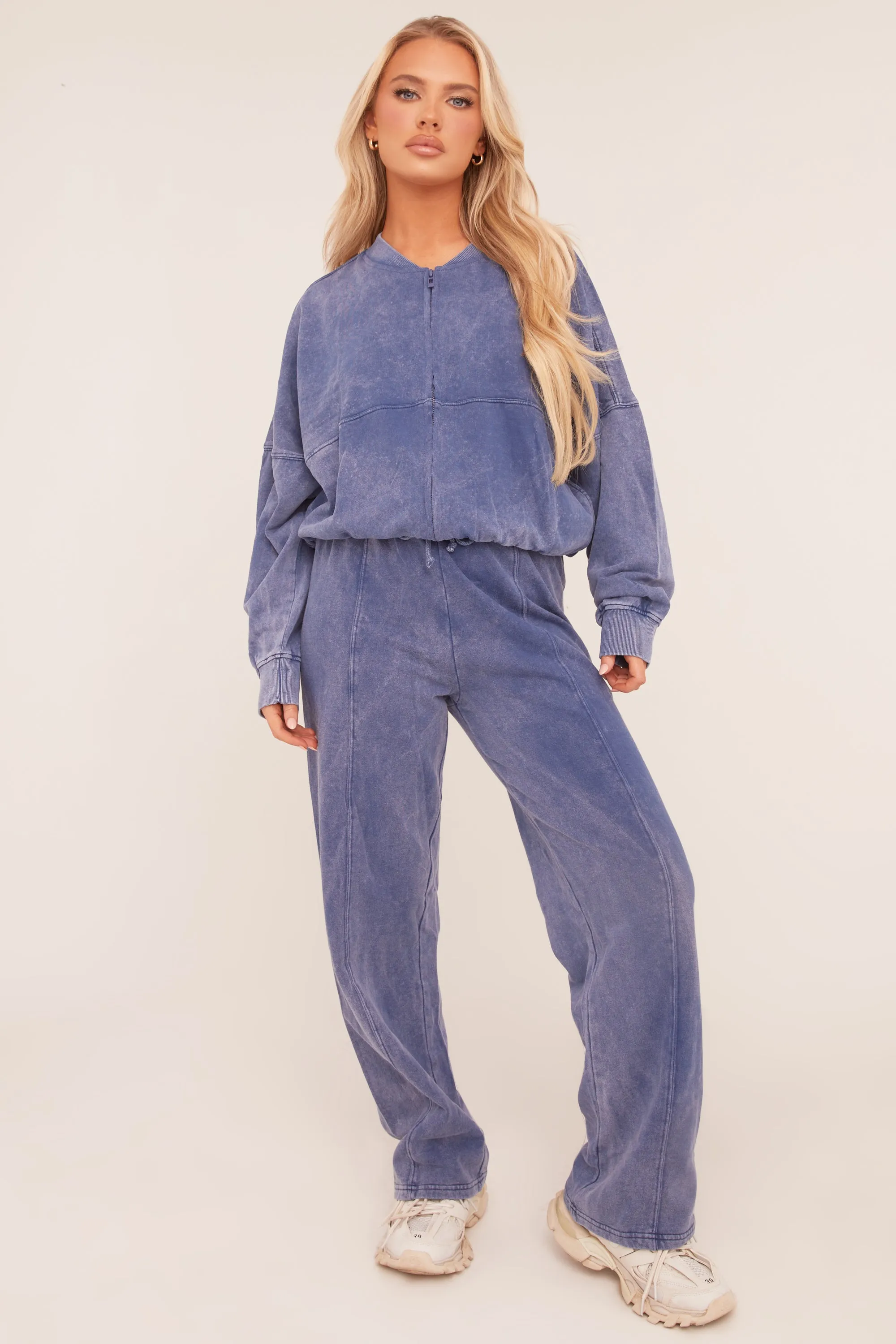 Blue Washed Effect Zip Front Bomber & Joggers Loungewear Co-ord Set - Kamila