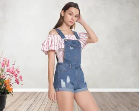 Casual Denim Short Bib Overalls Adjustable Strap Cuffed Hem Shorts Jean Rompers