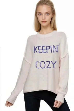 Chunky Cotton Blend Pullover Sweater- Cross Stitch "Keepin' Cozy" hand embroidery