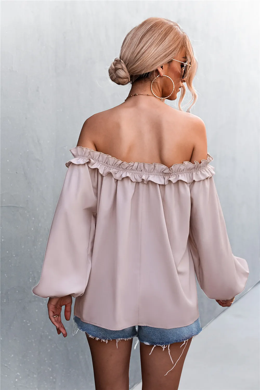 Frill Trim Off-Shoulder Balloon Sleeve Top