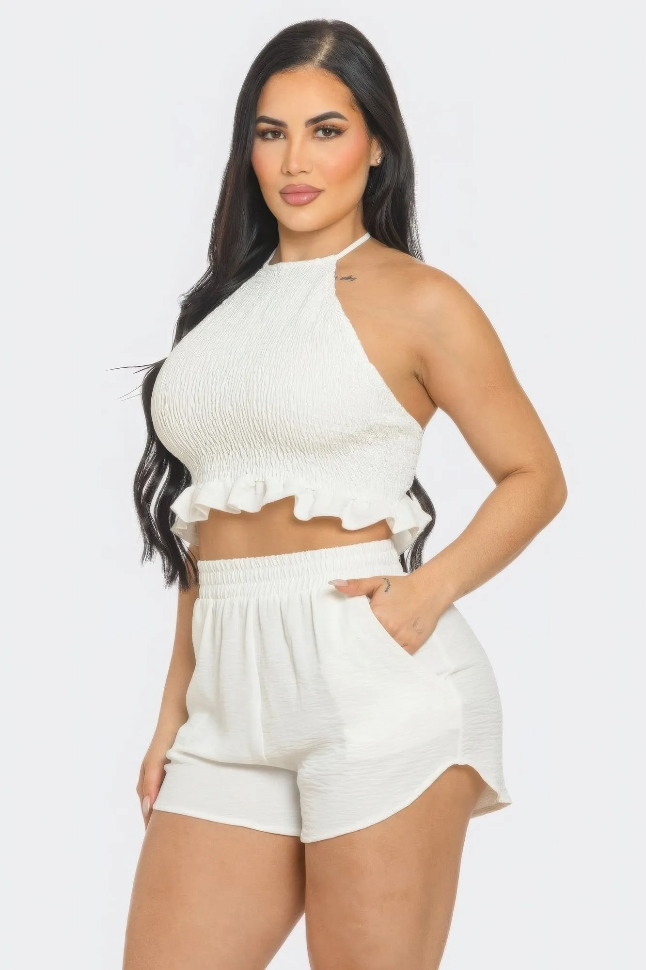 Front Smocking Detail Halter Top And Shorts Outfit Set