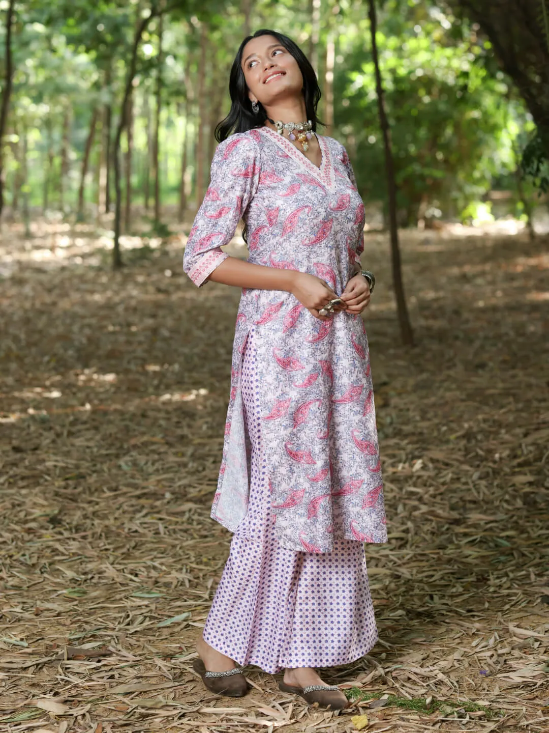 GULABARI - DIGITAL PRINTED KURTA SET ON EMBROIDERD FABRIC WITH HANDWORK NECKLINE