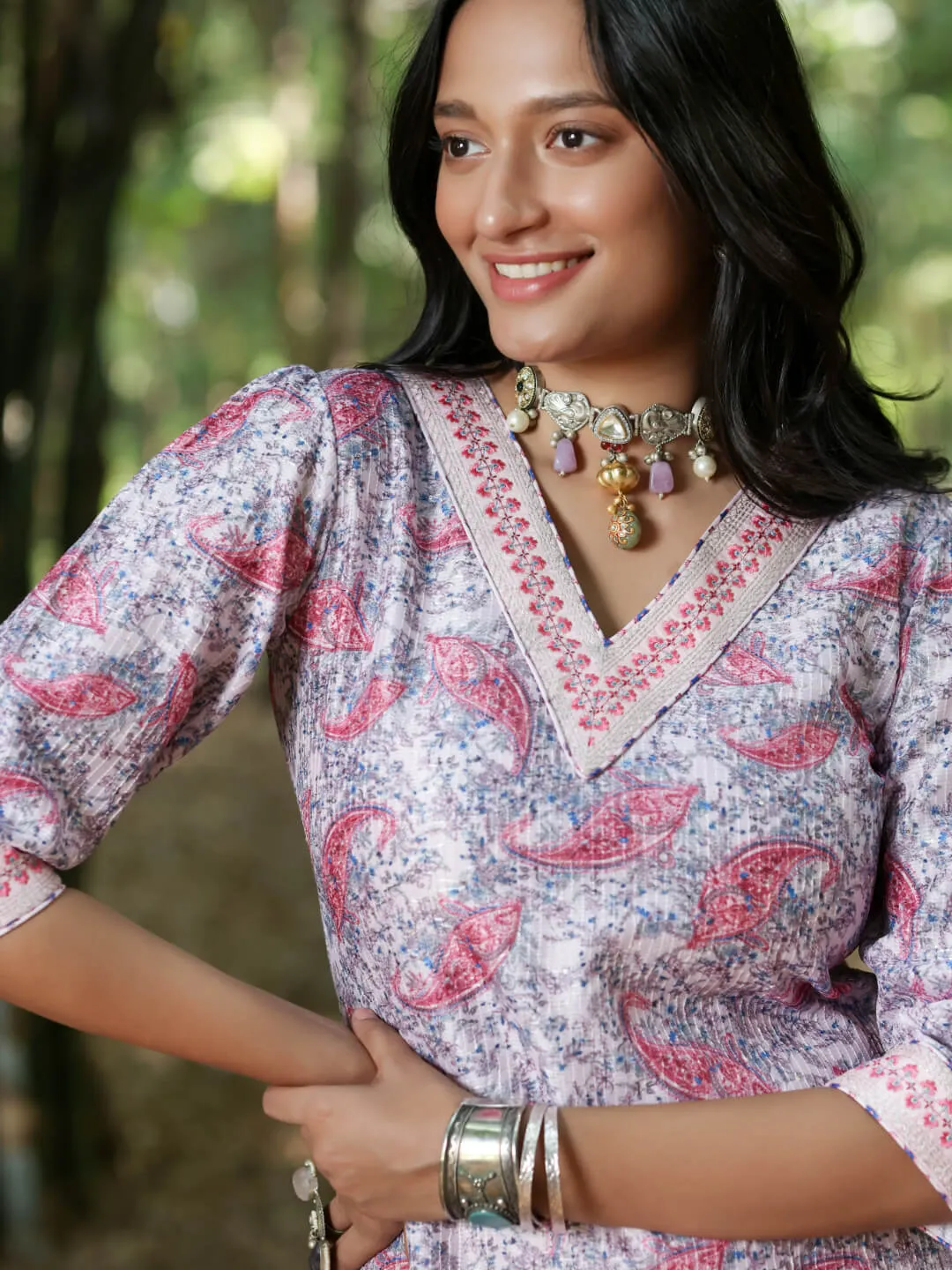 GULABARI - DIGITAL PRINTED KURTA SET ON EMBROIDERD FABRIC WITH HANDWORK NECKLINE