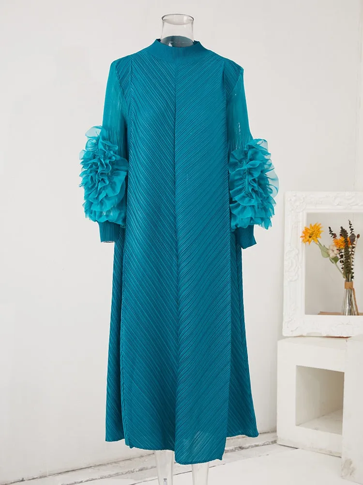 Miyake Pleated Ruffles Long Sleeve Maxi Dress