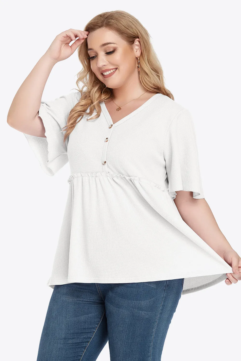 Plus Size Buttoned V-Neck Frill Trim Babydoll Blouse