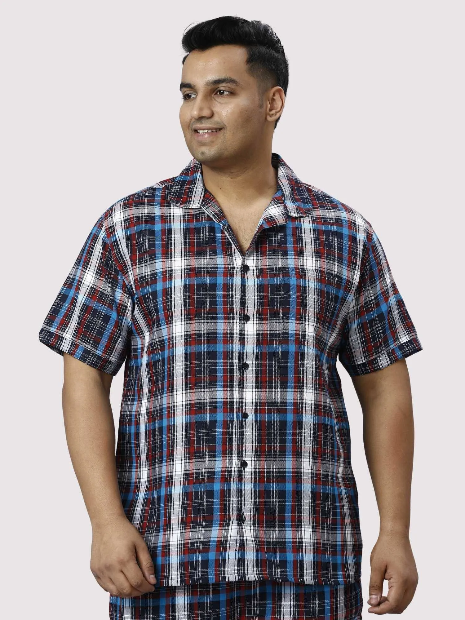 Red and Blue Checks Printed Half Co-ords Set Men's Plus Size