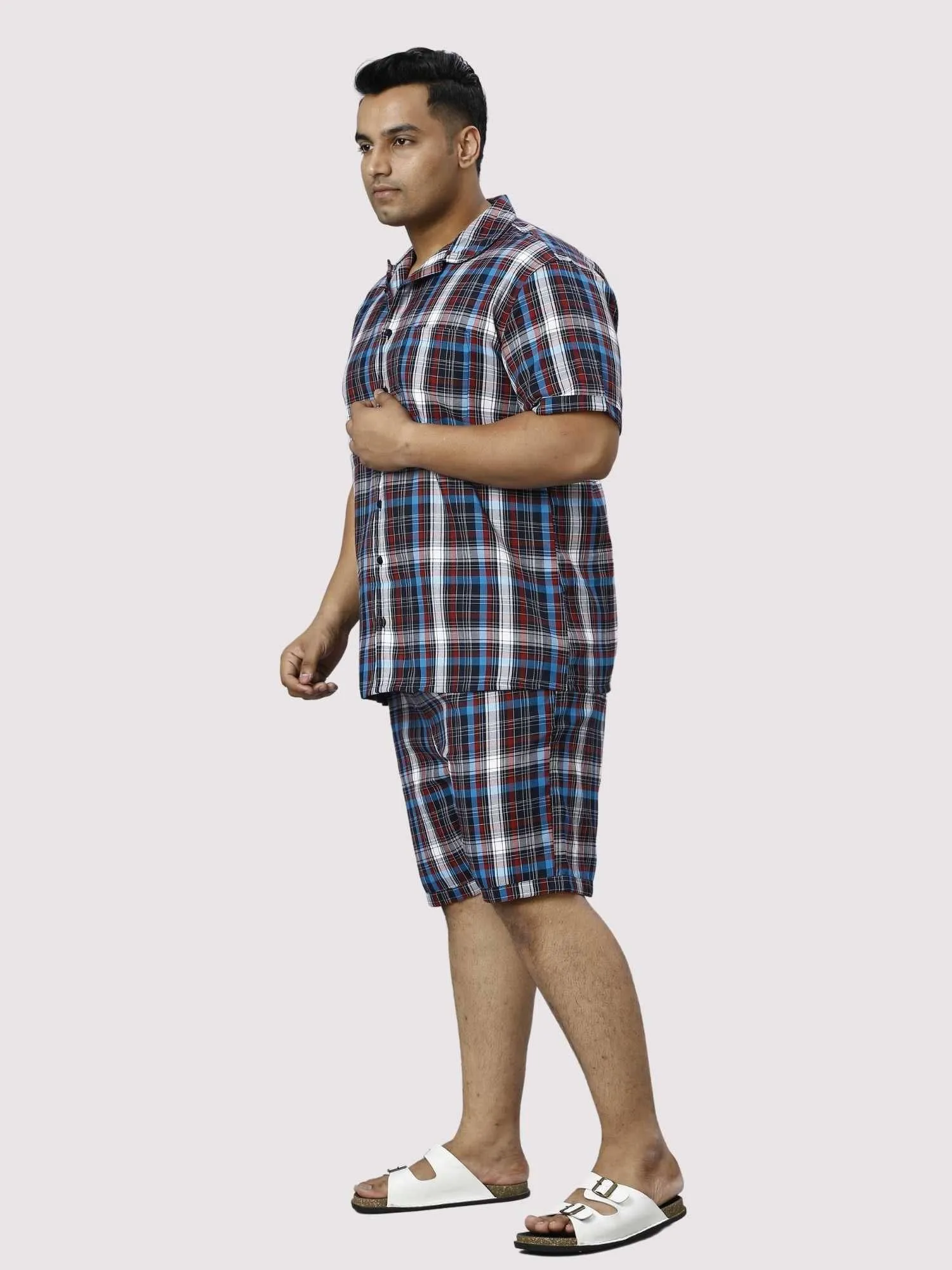 Red and Blue Checks Printed Half Co-ords Set Men's Plus Size