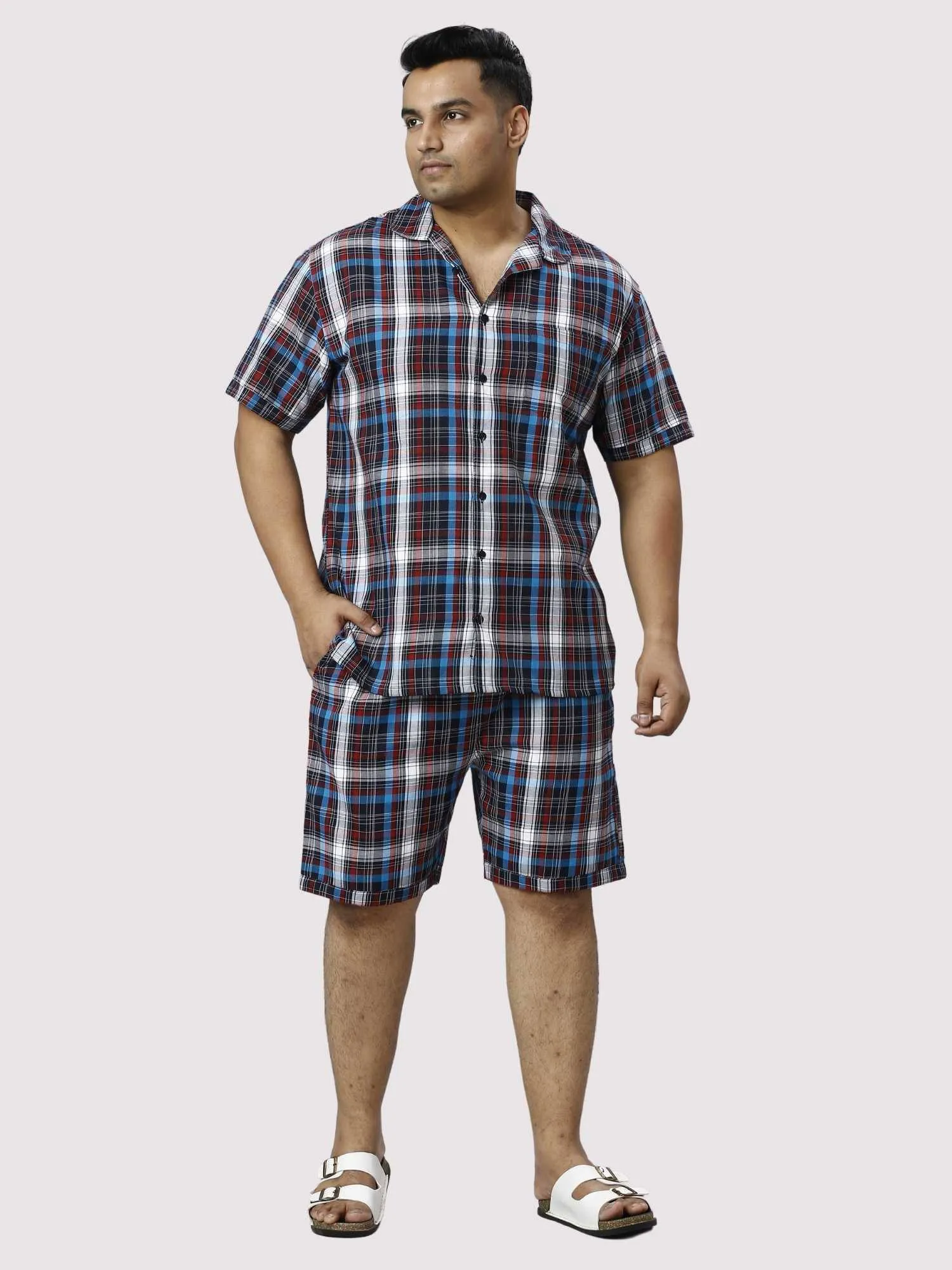 Red and Blue Checks Printed Half Co-ords Set Men's Plus Size