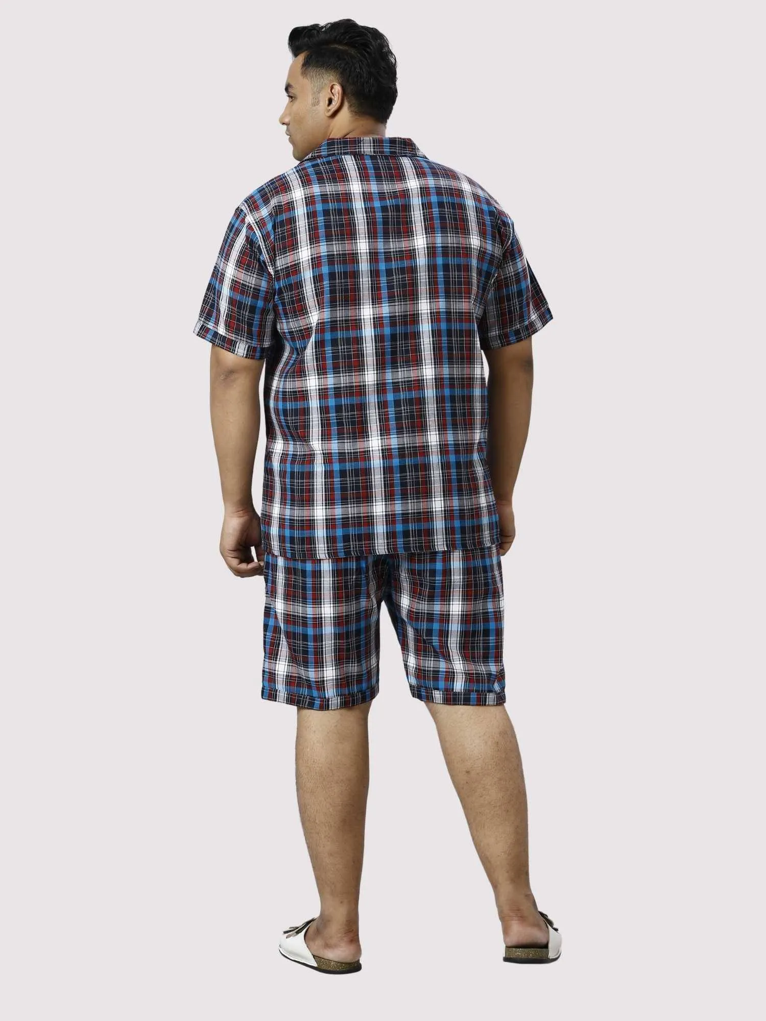 Red and Blue Checks Printed Half Co-ords Set Men's Plus Size