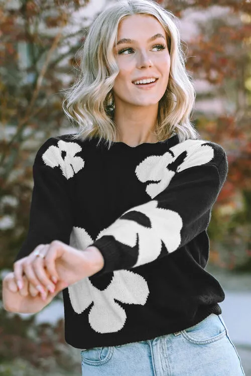 Round Neck Floral Pattern Long Sleeve Sweater