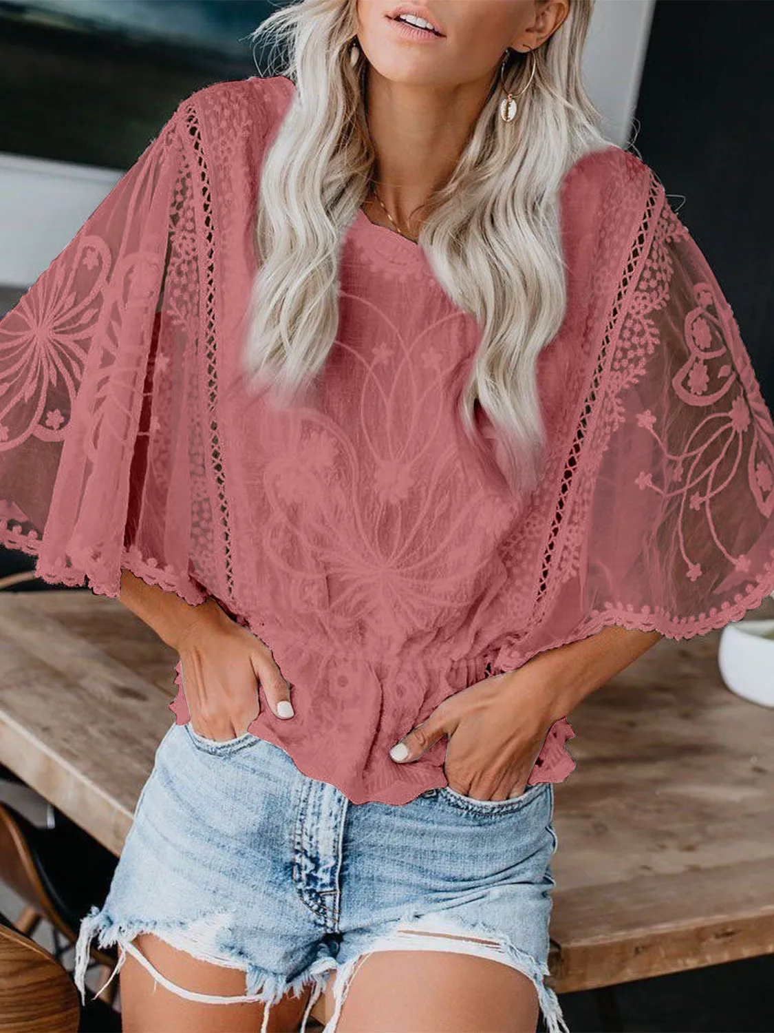 Round Neck Three-Quarter Sleeve Blouse