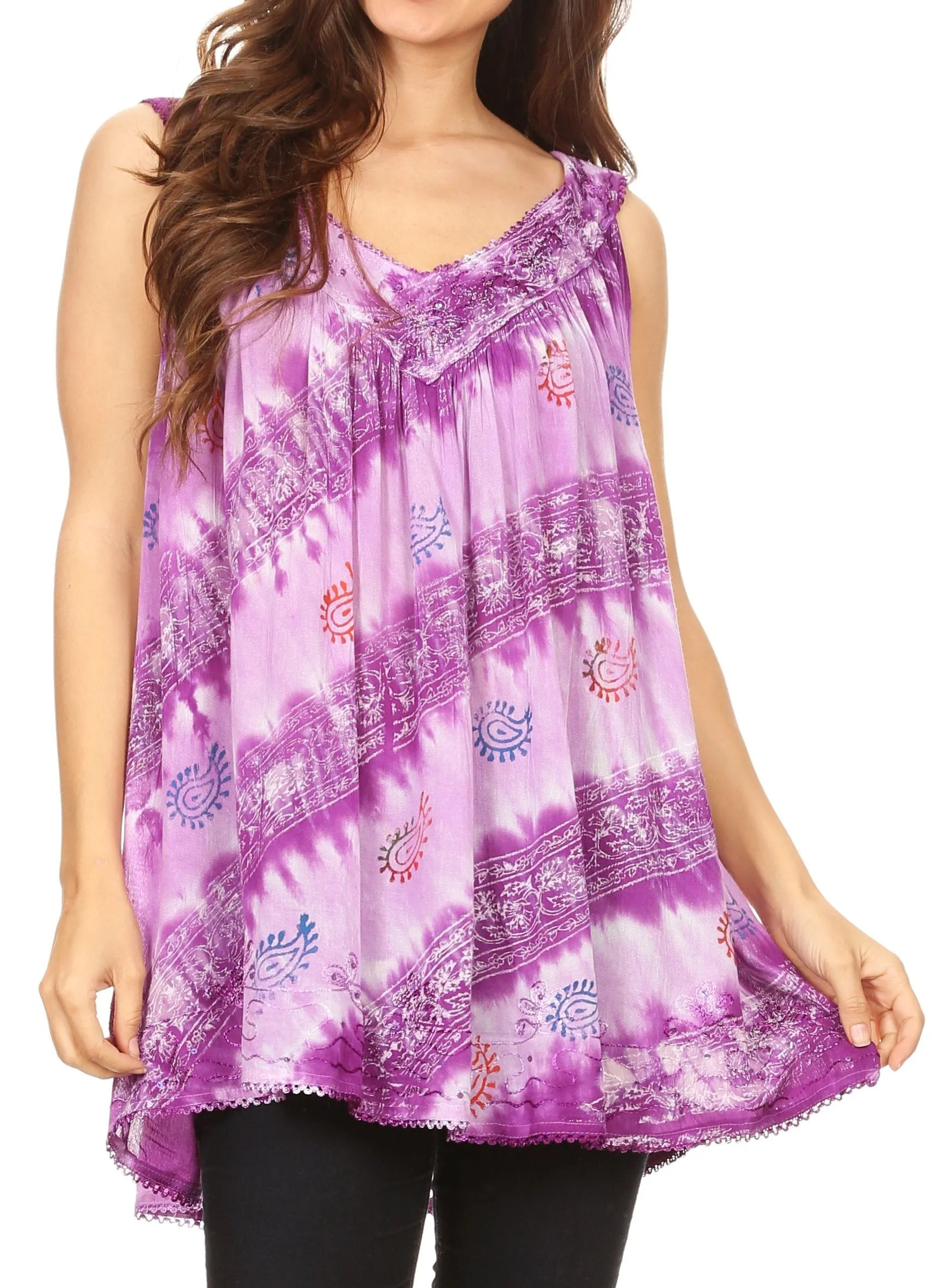 Sakkas Aria Womens Sleeveless V-neck Tank Top Tie-dye with Sequin & Embroidery