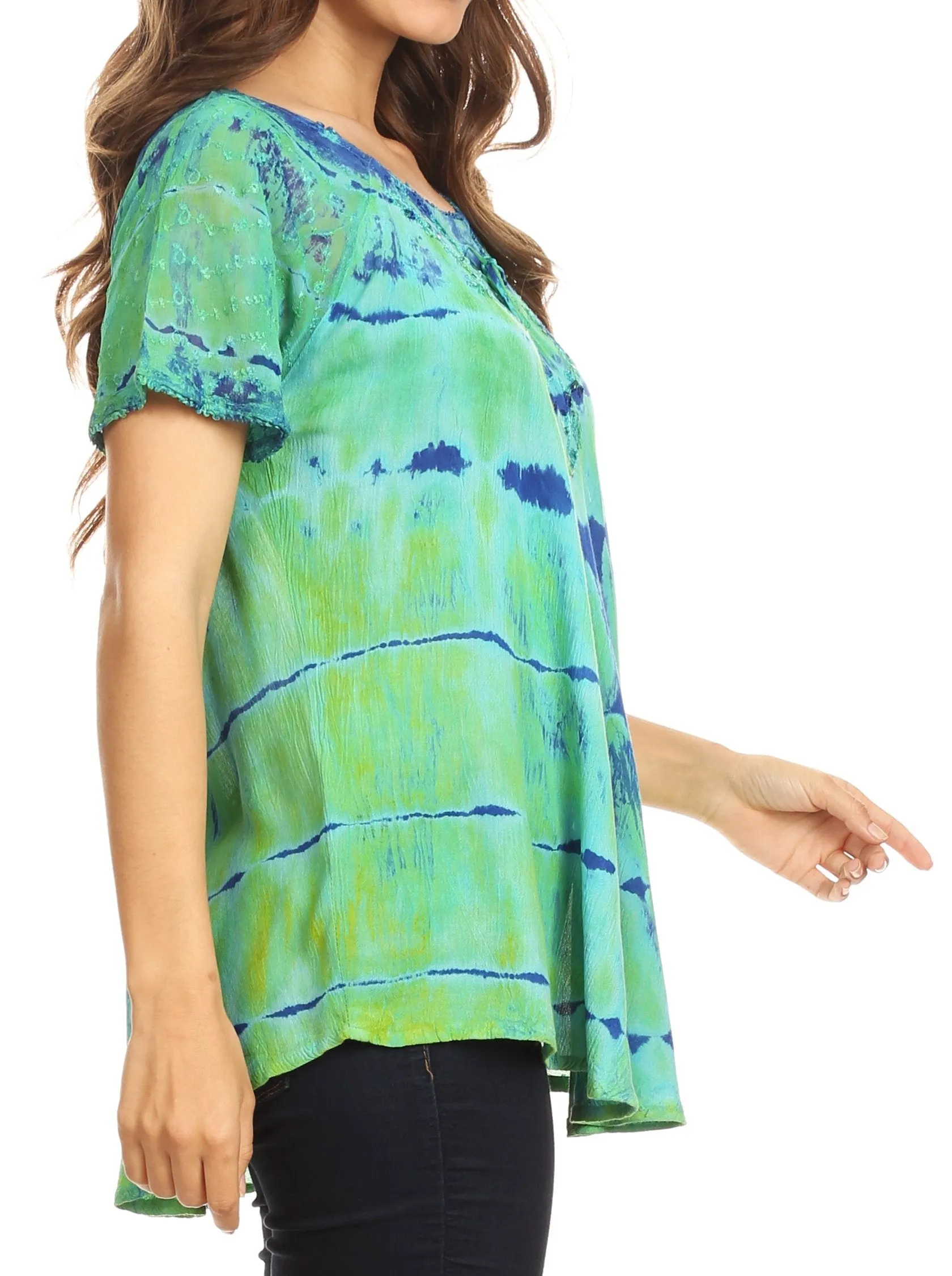 Sakkas Isayan Multi Color Embellished Tie Dye Sheer Cap Sleeve Tunic Top