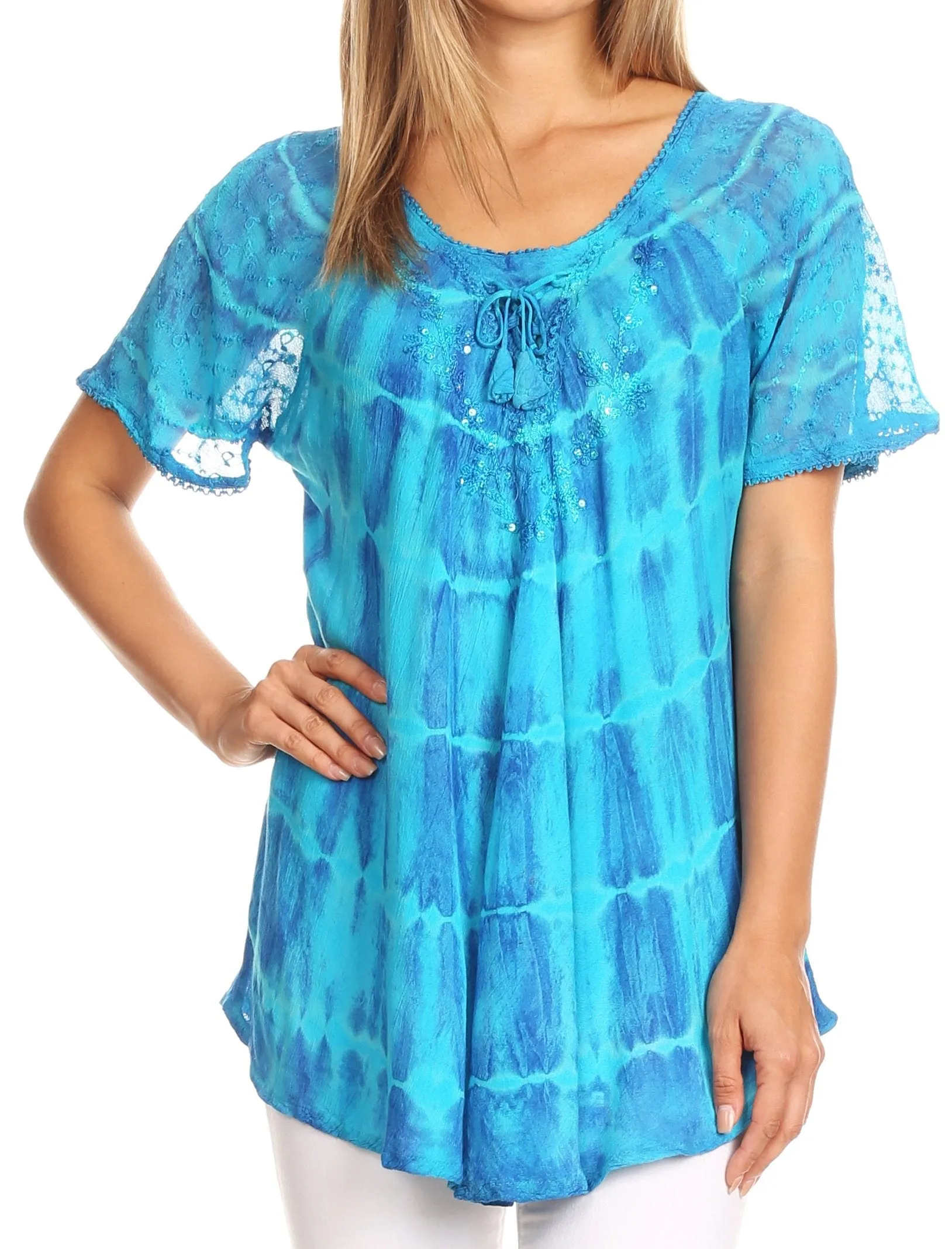 Sakkas Isayan Multi Color Embellished Tie Dye Sheer Cap Sleeve Tunic Top