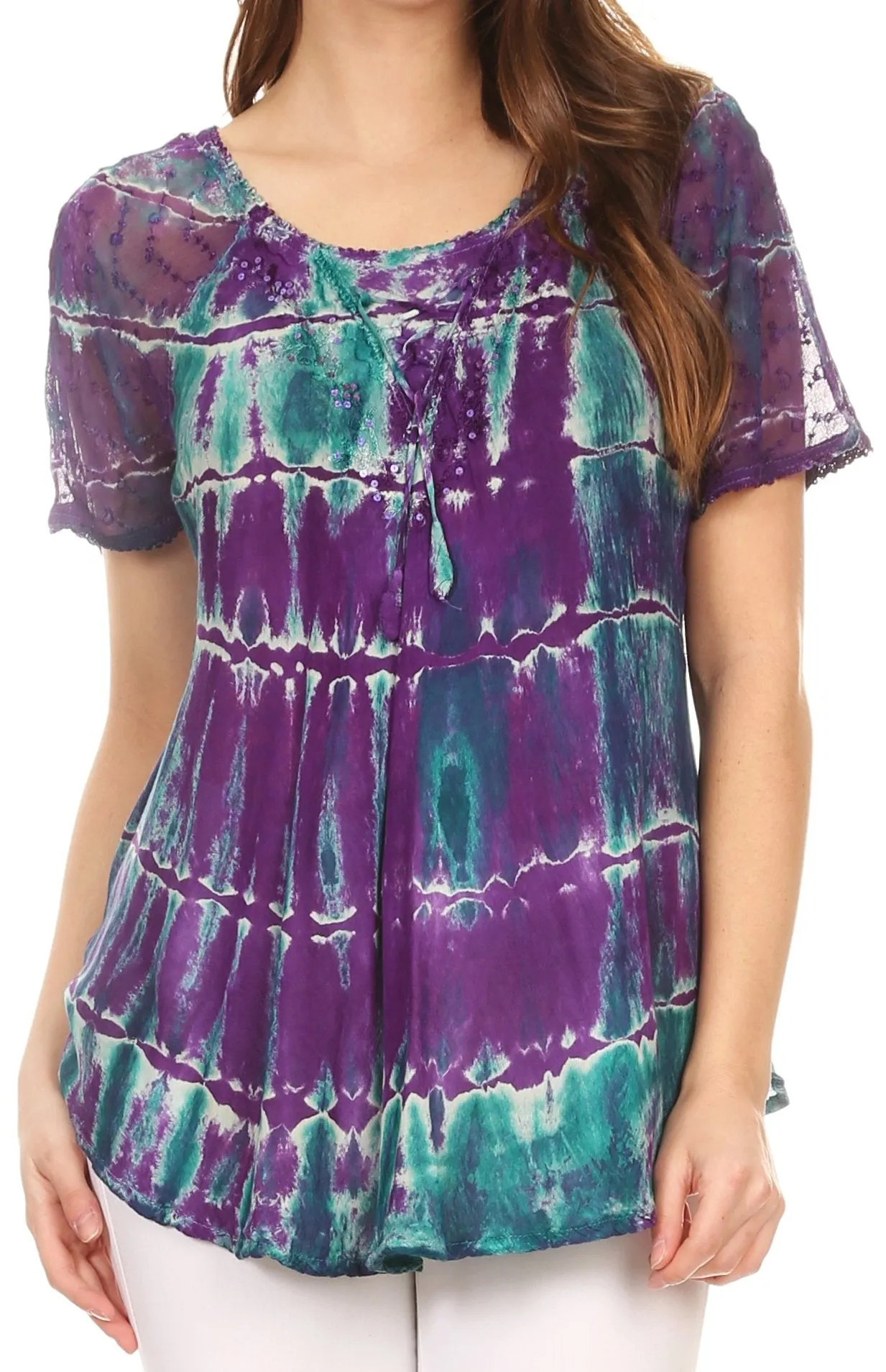 Sakkas Isayan Multi Color Embellished Tie Dye Sheer Cap Sleeve Tunic Top