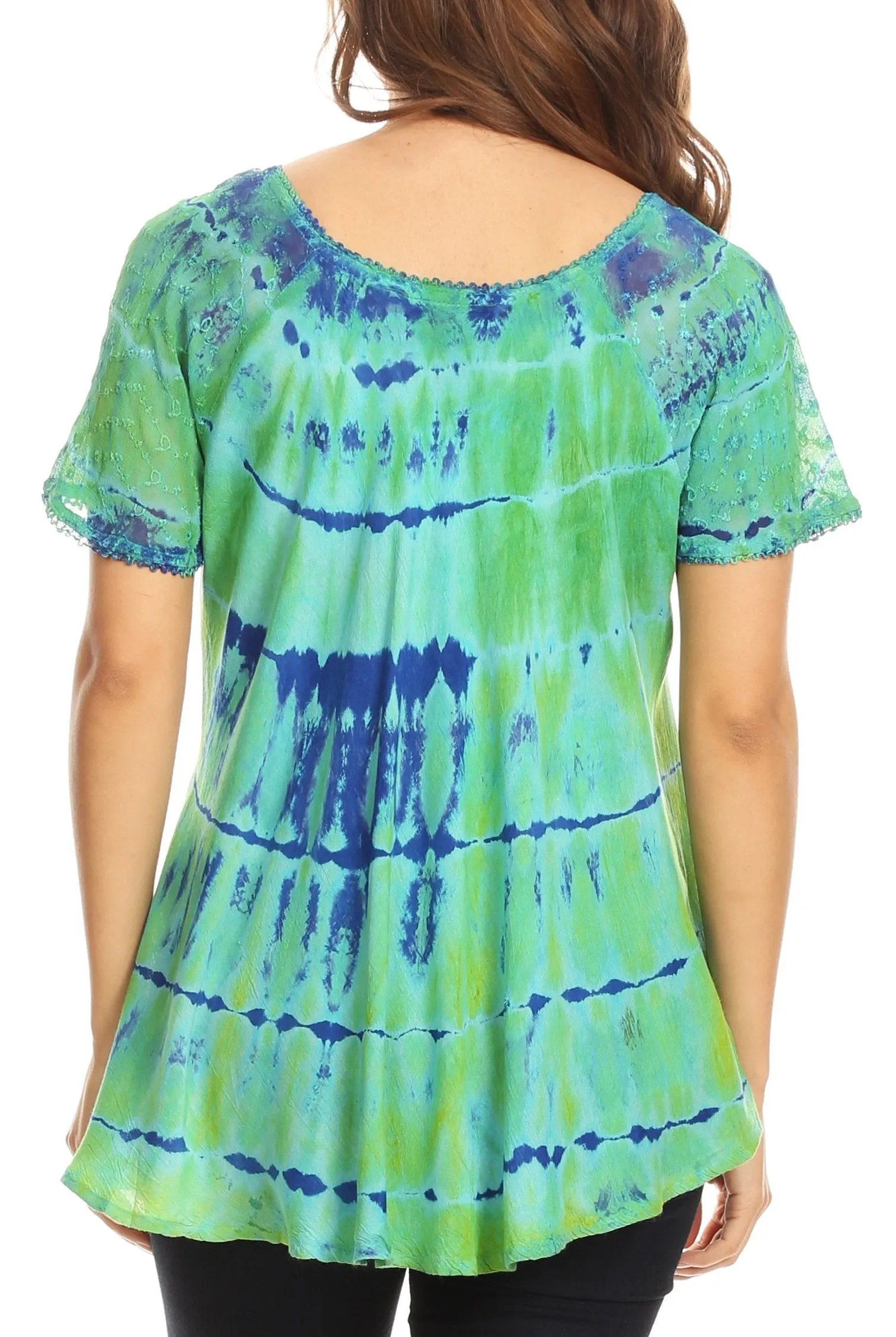 Sakkas Isayan Multi Color Embellished Tie Dye Sheer Cap Sleeve Tunic Top