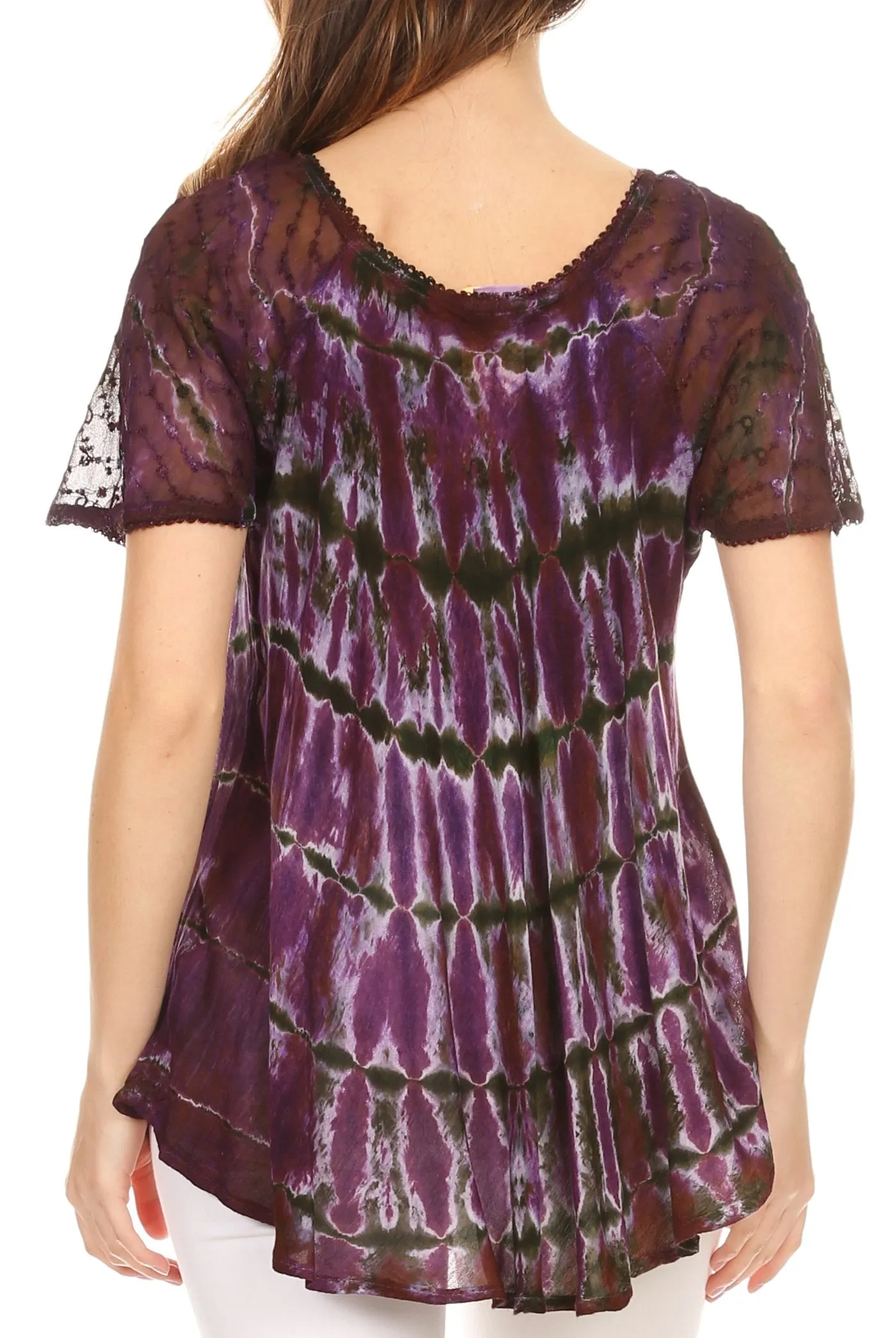 Sakkas Isayan Multi Color Embellished Tie Dye Sheer Cap Sleeve Tunic Top