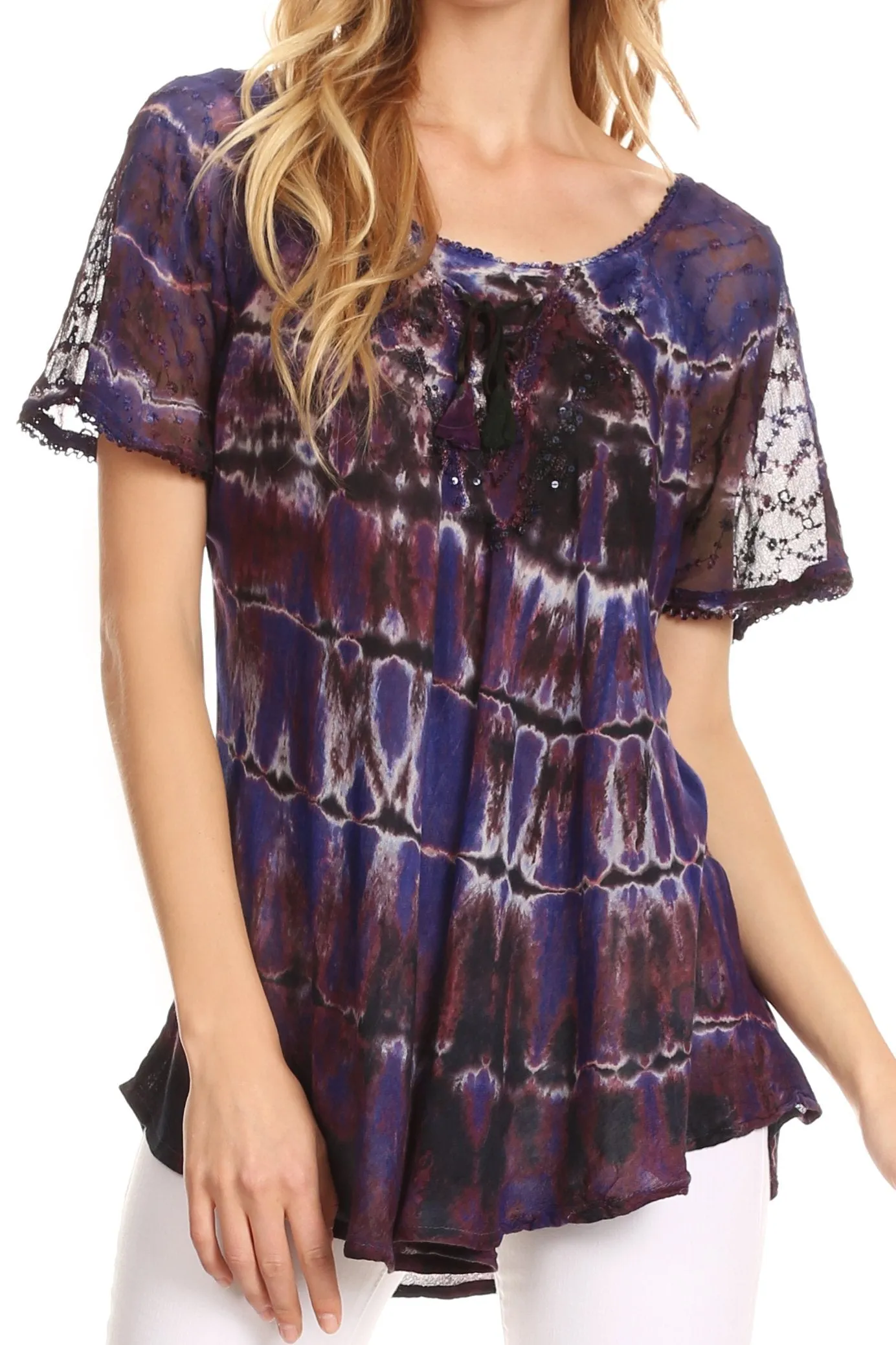 Sakkas Isayan Multi Color Embellished Tie Dye Sheer Cap Sleeve Tunic Top