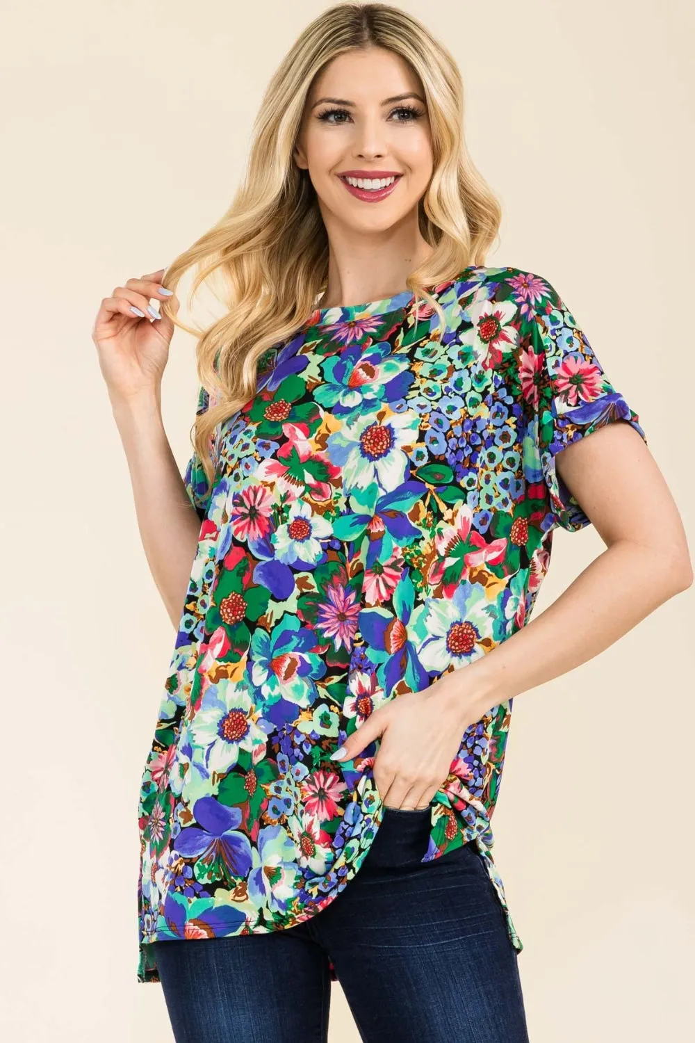 TEEK - Round Neck Short Sleeve Floral TOP