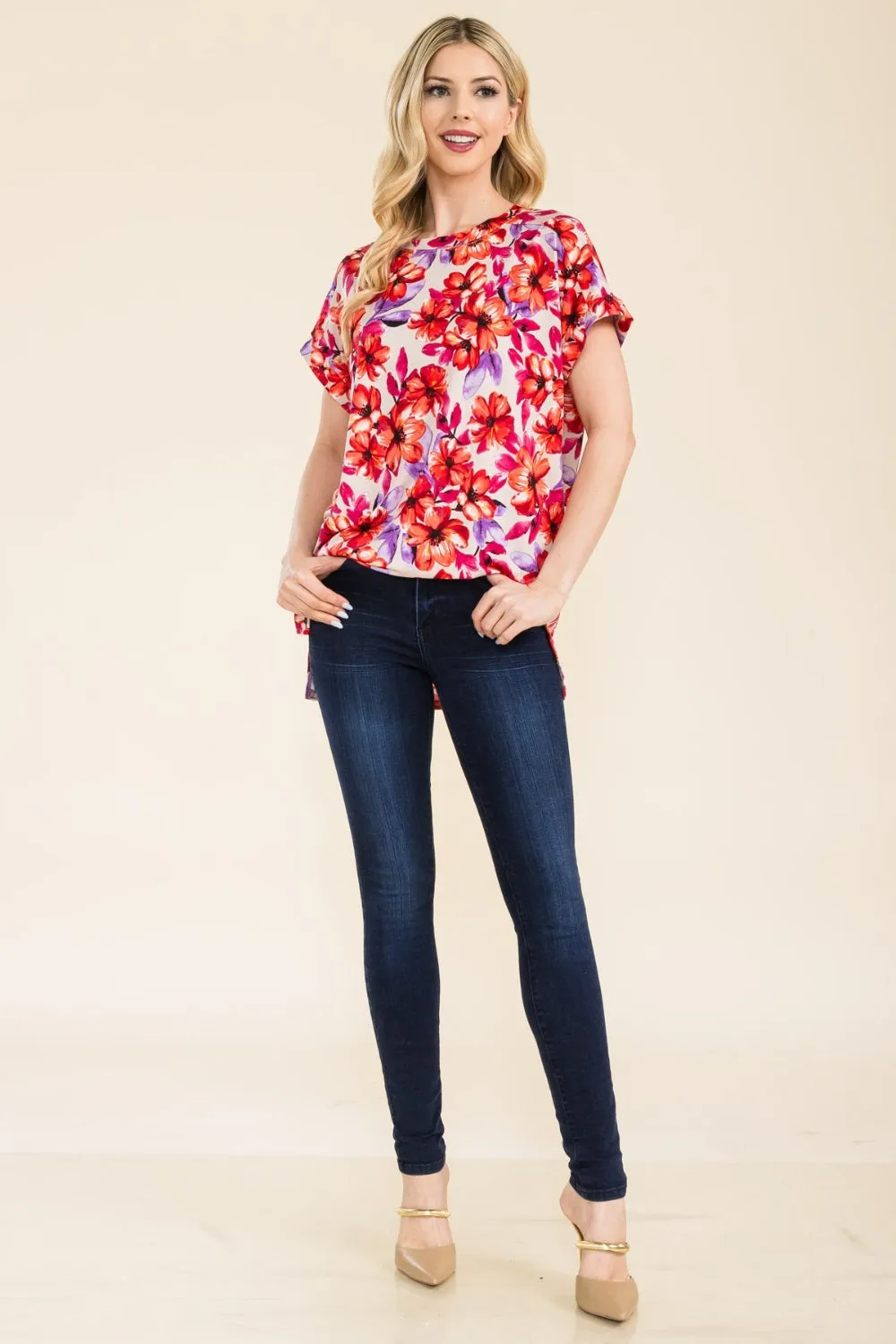 TEEK - Round Neck Short Sleeve Floral TOP