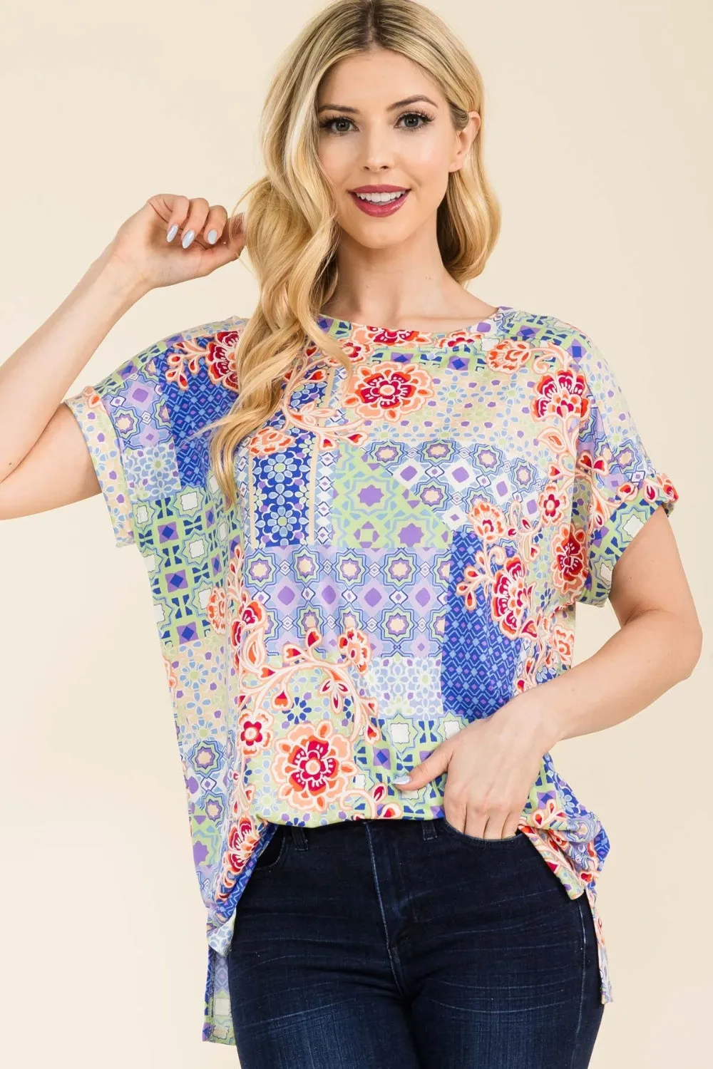 TEEK - Round Neck Short Sleeve Floral TOP