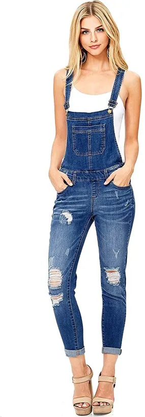 Wax Jeans Women's Distressed Skinny Overalls with Rolled Cuffs