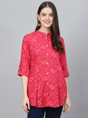 Women Pink Abstract Printed Rayon A-Line Shirts Style Top